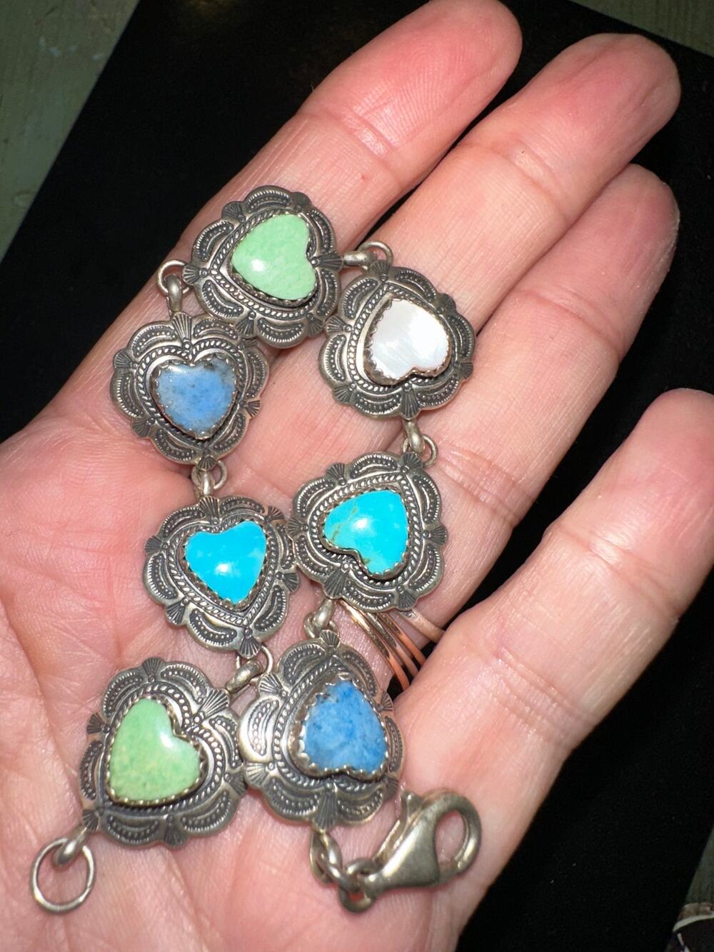 VINTAGE MULTI GEMSTONE STERLING SILVER HEART BRACELET